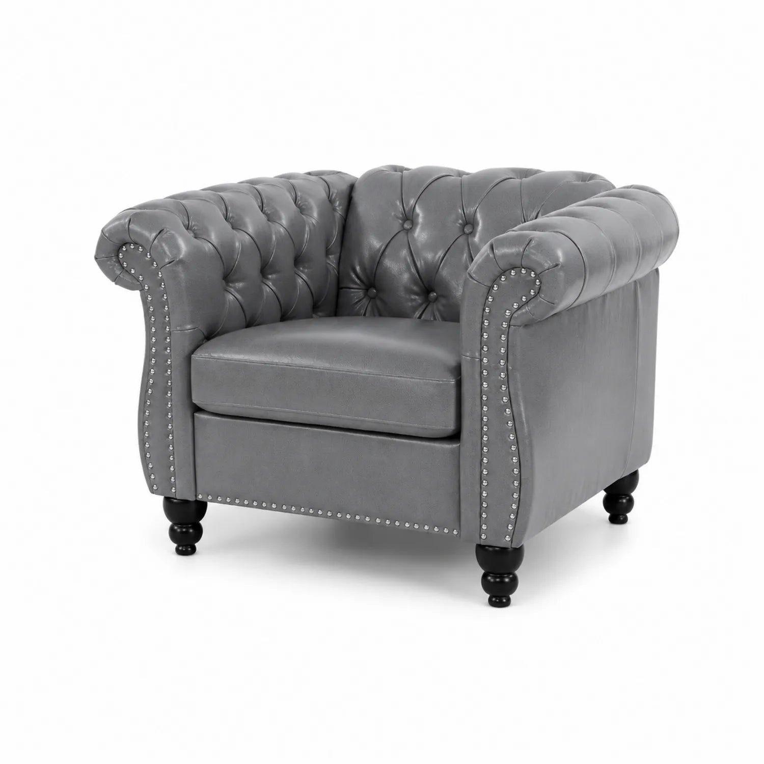 Sillón de Cuero Sintético Gris con Tachuelas