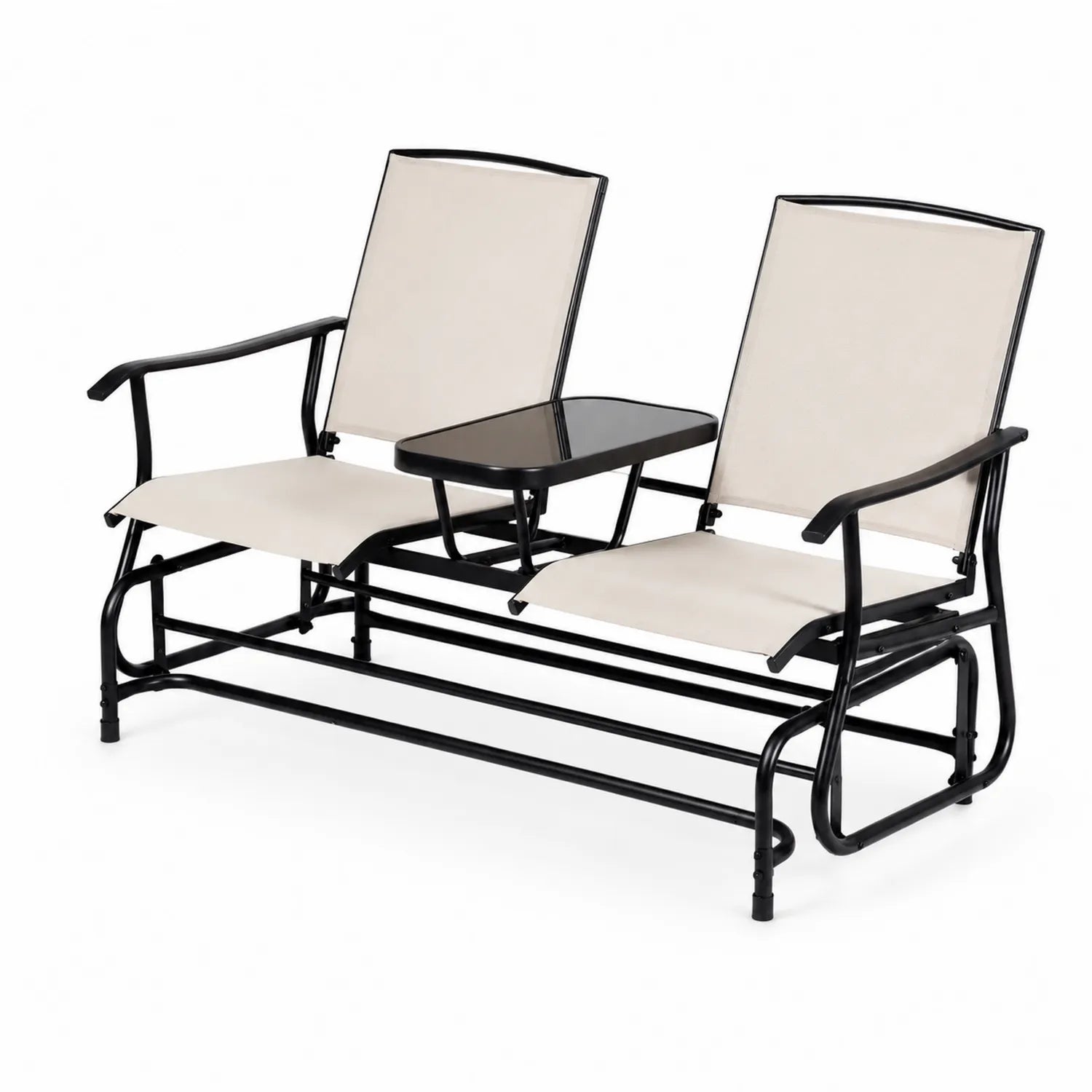 Banc à bascule en métal avec table en verre trempé et sièges en textilène beige