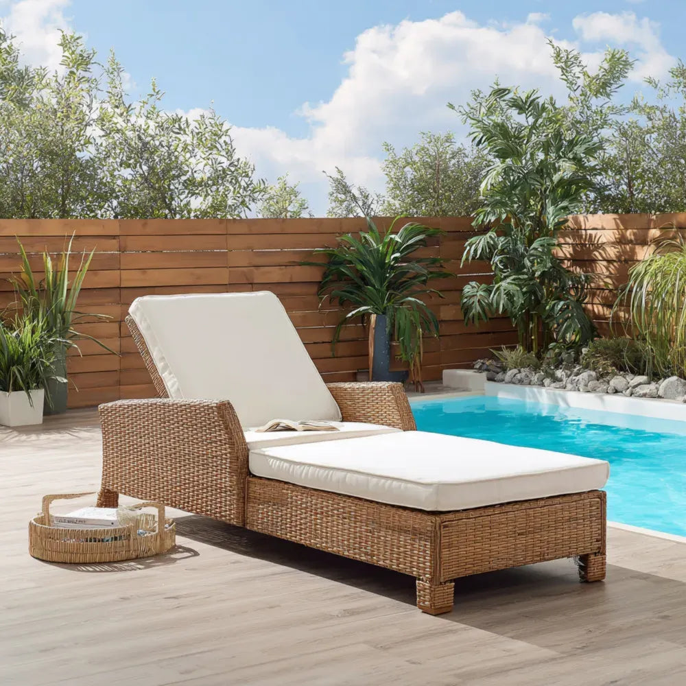 Patio Recliner Wicker Adjustable Lounger 78x26x15 in with Cushions – Beige – Outdoor Relaxation