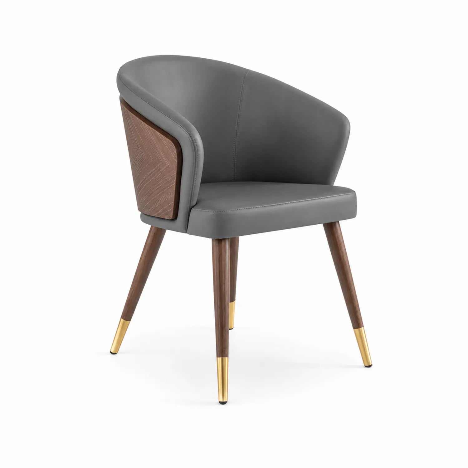 Silla de piel sintética gris con patas de madera y detalles dorados