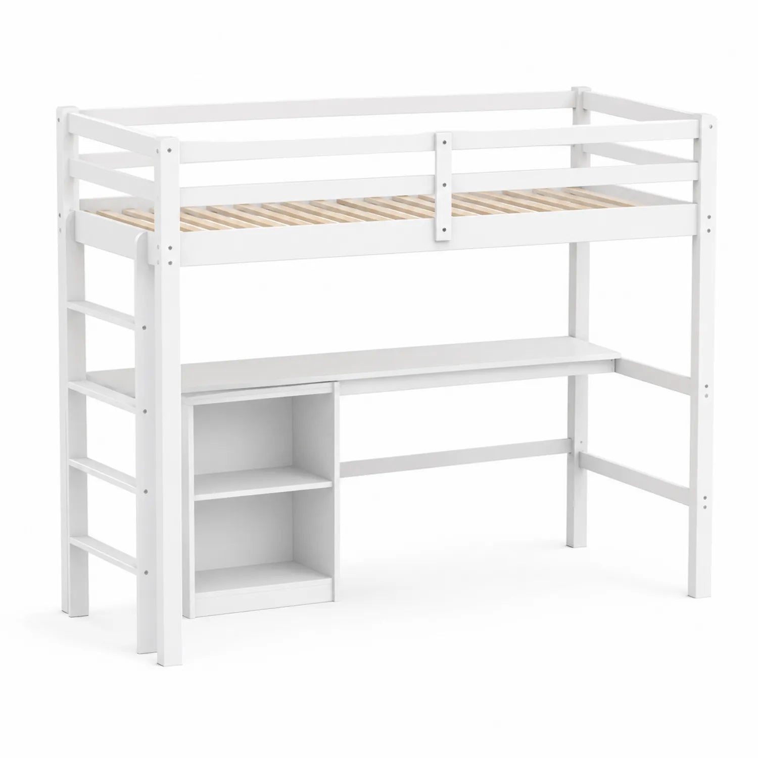 Cama alta blanco con escritorio y estantería de madera de pino 200x90 cm