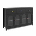 Buffet noir en bois avec portes en verre cannelé et tiroirs 80x160x35 cm