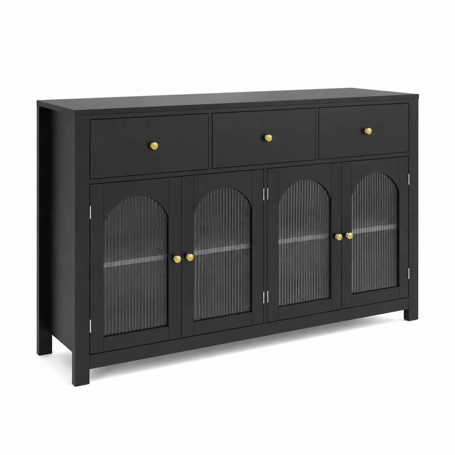 Aparador Negro de Madera con Puertas de Cristal Acanalado y Cajones 80x160x35 cm