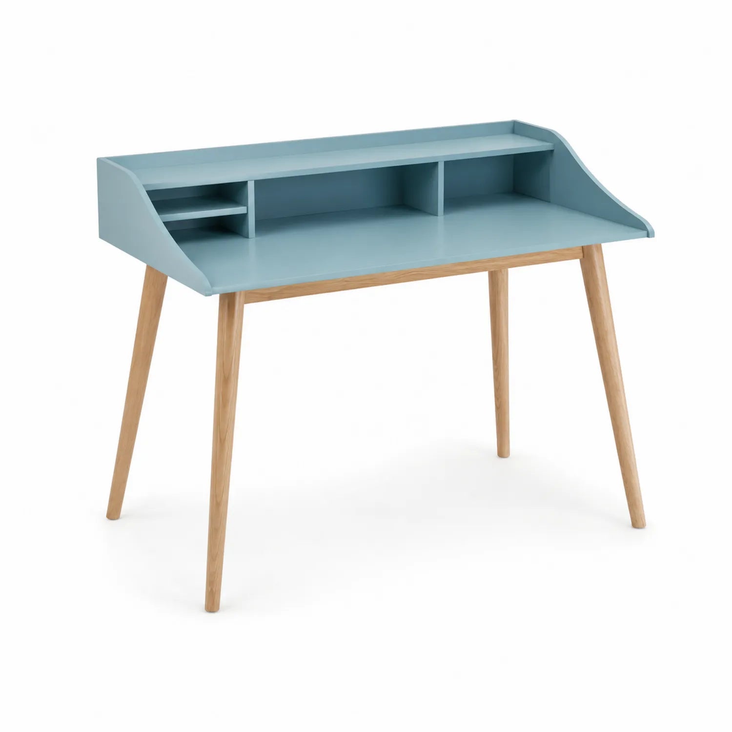 Escritorio MDF con patas de roble y estantes integrados Azul Claro