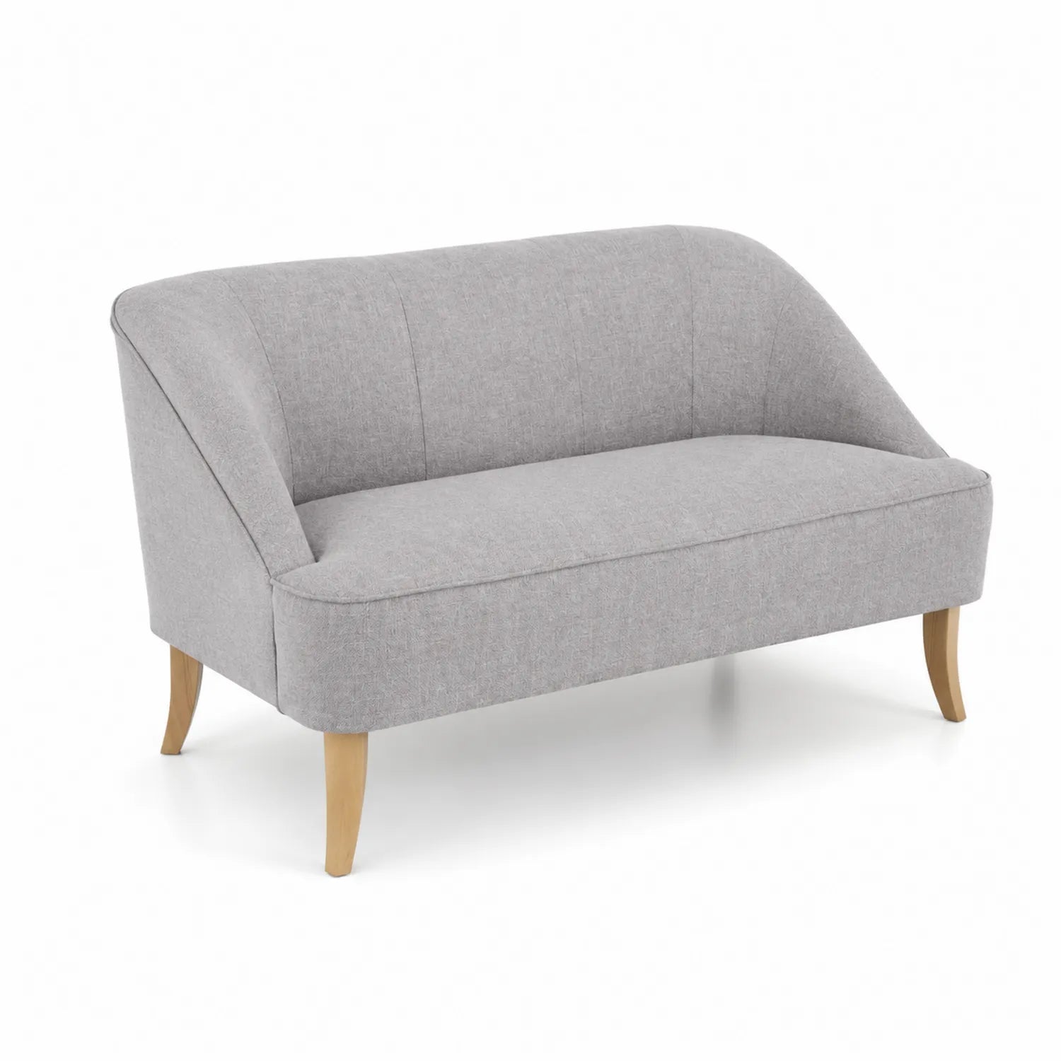 Sofá de dos plazas de tela gris claro con patas de madera