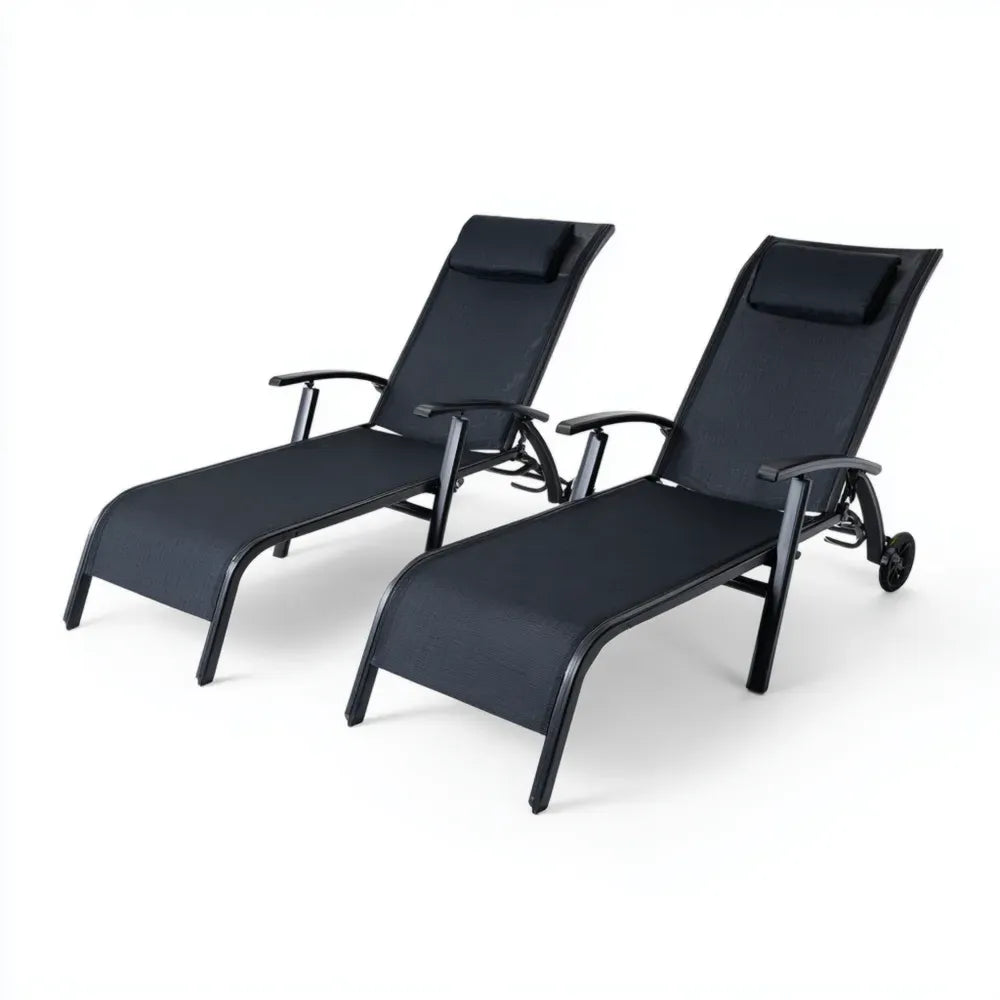 Adjustable Patio Recliners Set of 2 – Metal Frame – 195x65x35 cm – Black – Outdoor Use