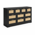 Commode à 9 tiroirs en bois MDF et rotin Noir/Beige