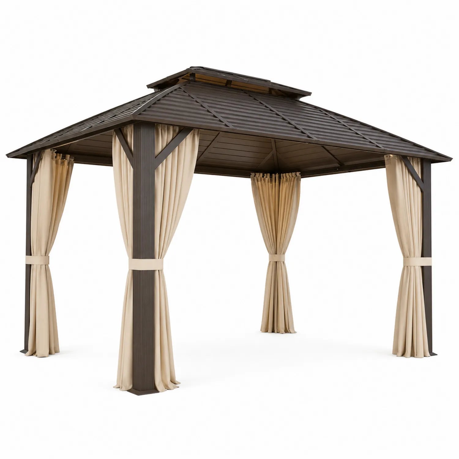 Pergola en métal avec rideaux en polyester Marron/Beige