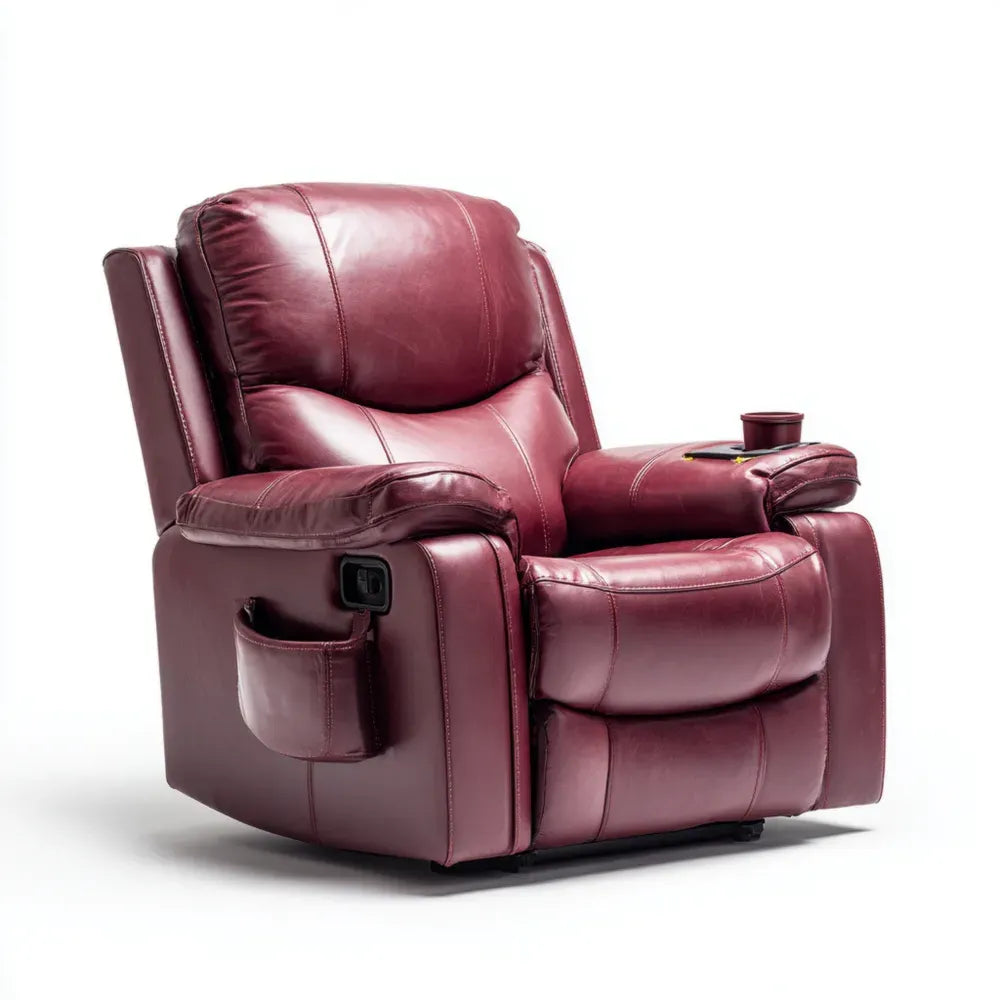 Leather Recliner Chair with Cup Holder - 95x96x102 cm - Burgundy - Modern Design