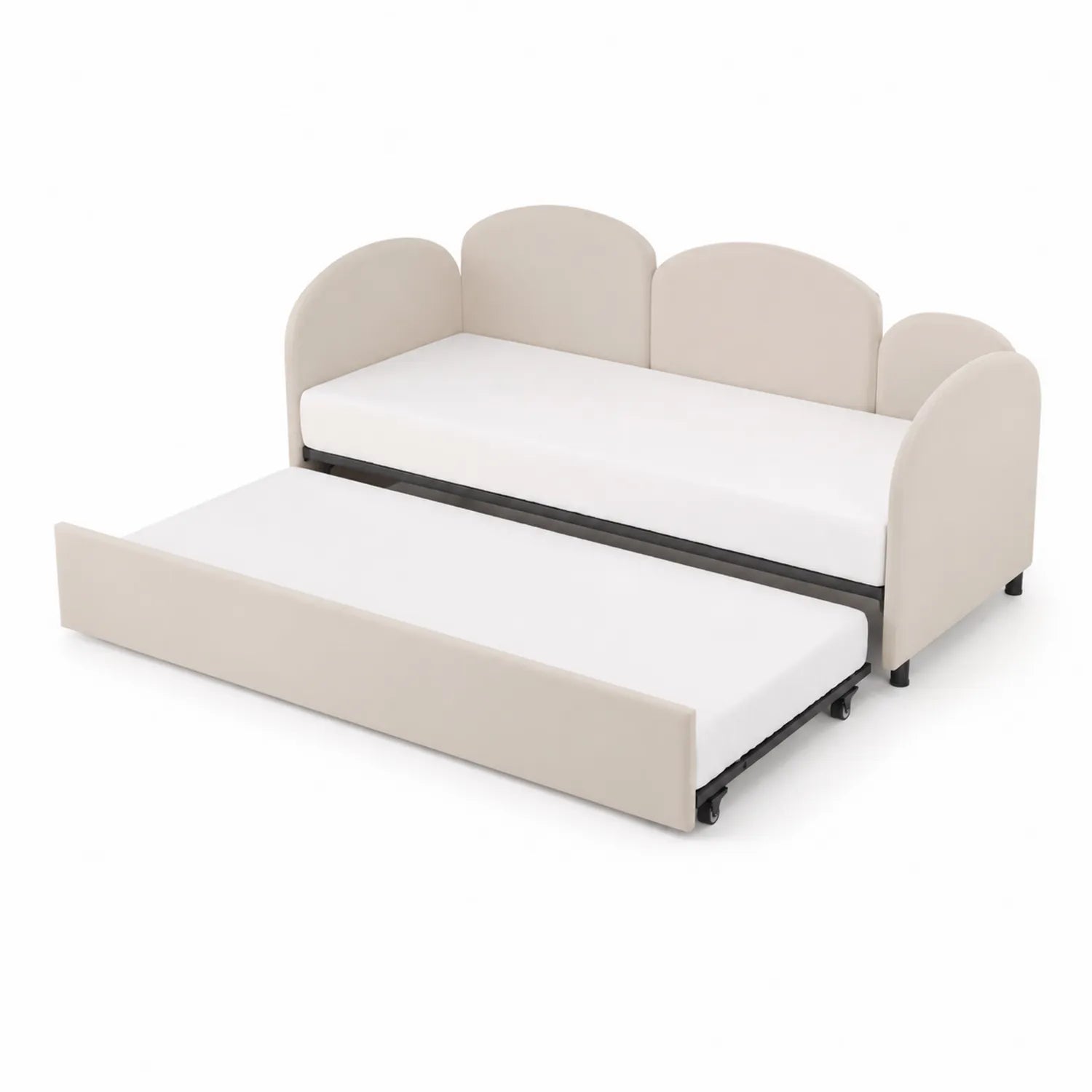 Cama nido tapizada en tela beige con colchones