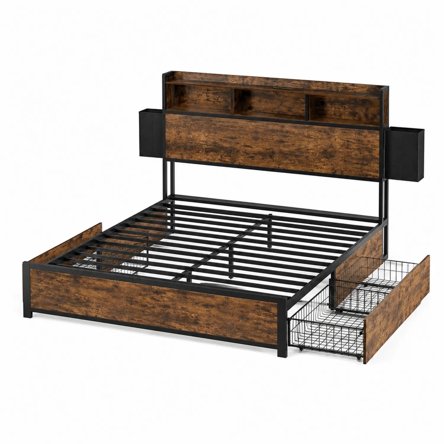 Cama doble con estantería y cajones, estructura de acero y madera MDF, 200x150x120 cm, Marrón/Negro