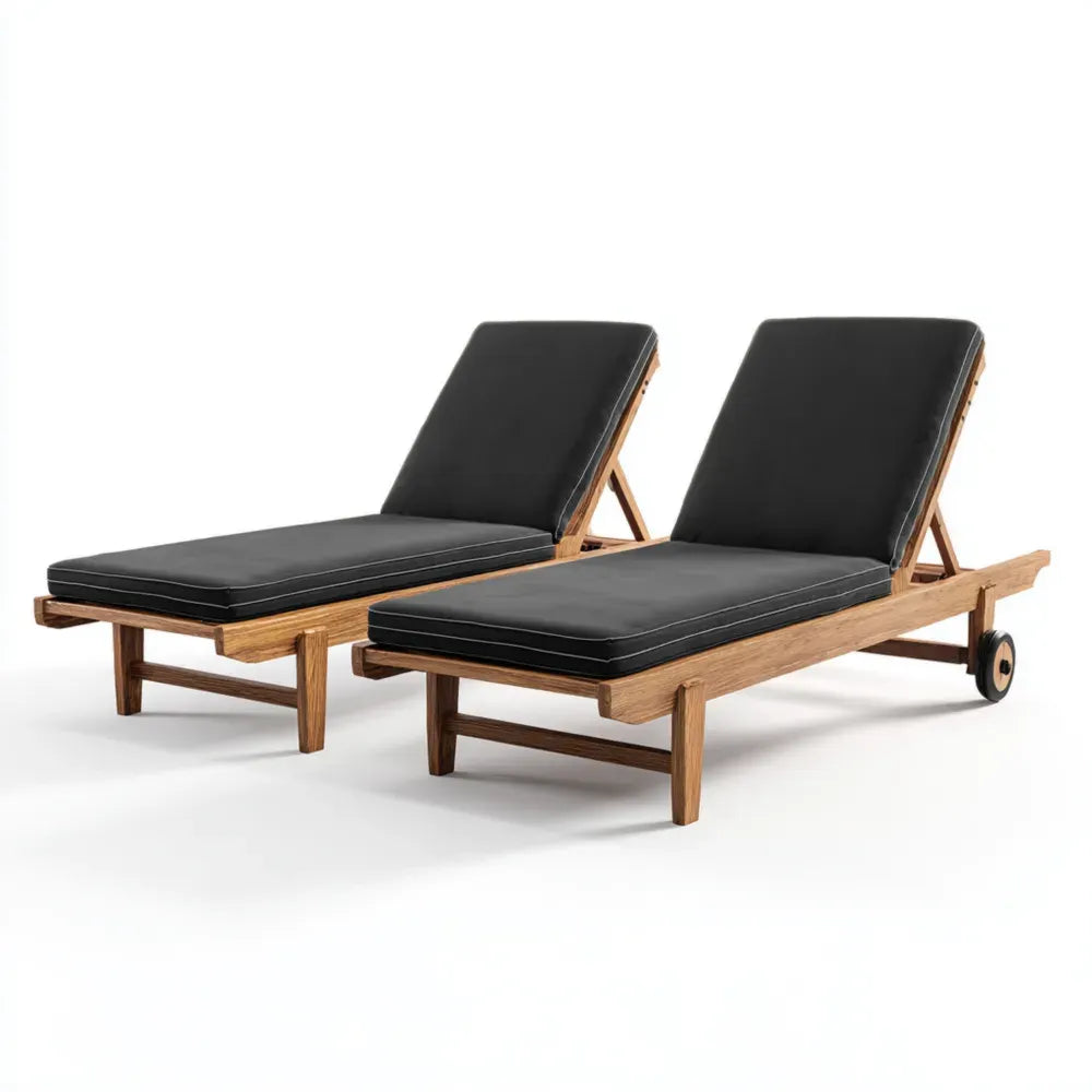 Outdoor Patio Recliner Set - Teak Wood Adjustable Lounge Chairs 200cm x 65cm x 35cm with Black Cushions - Modern Design