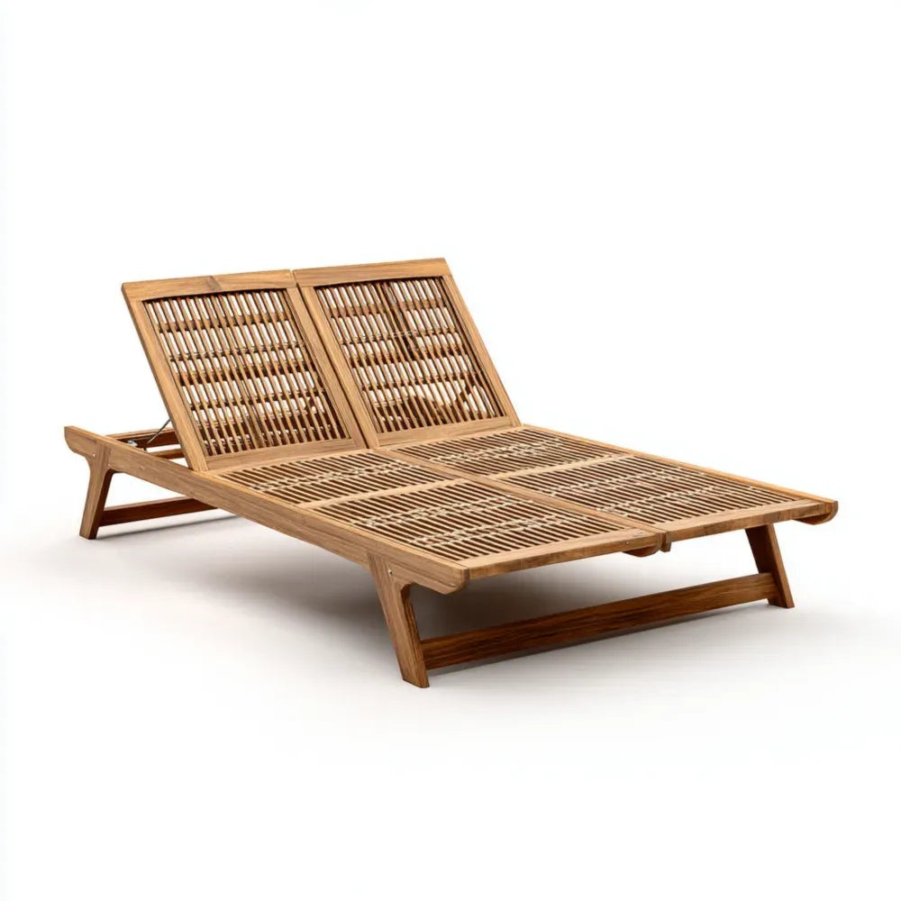 Outdoor Patio Recliner – Teak Wood Dual Lounger 200x140x30 cm - Adjustable Design