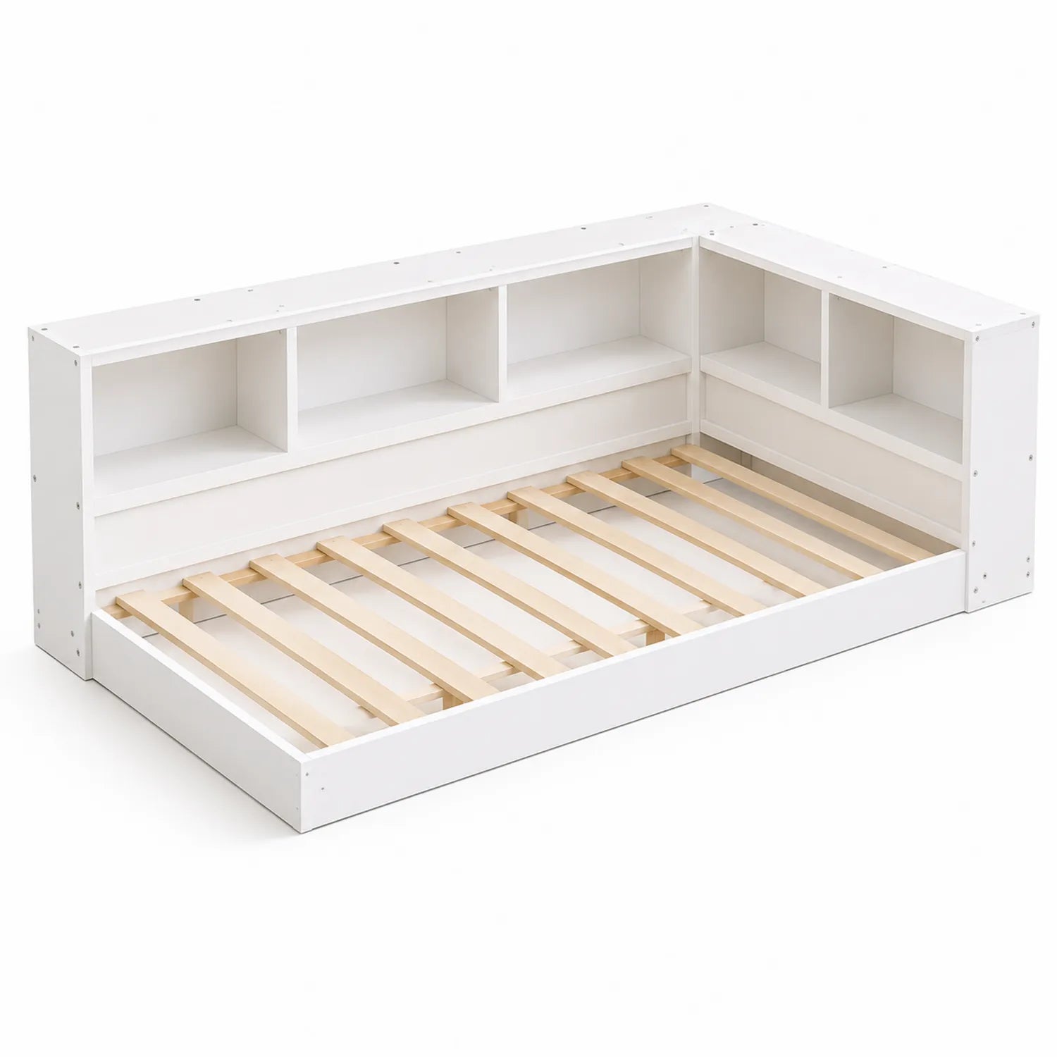 Cama individual de madera con estanterías integradas blanca