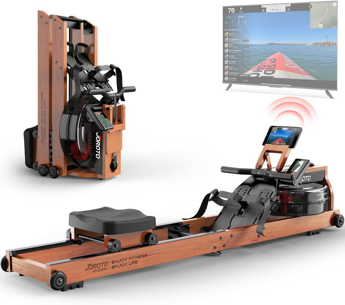 Máquina de remo – estructura de madera, plegable, ajustable, conexión Bluetooth, 150kg, JOROTO