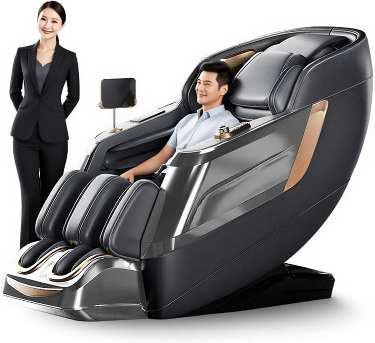 Sillón de masaje - entrenamiento de cuerpo completo, tecnología 3D/4D, pantalla LED, con calefacción, gris