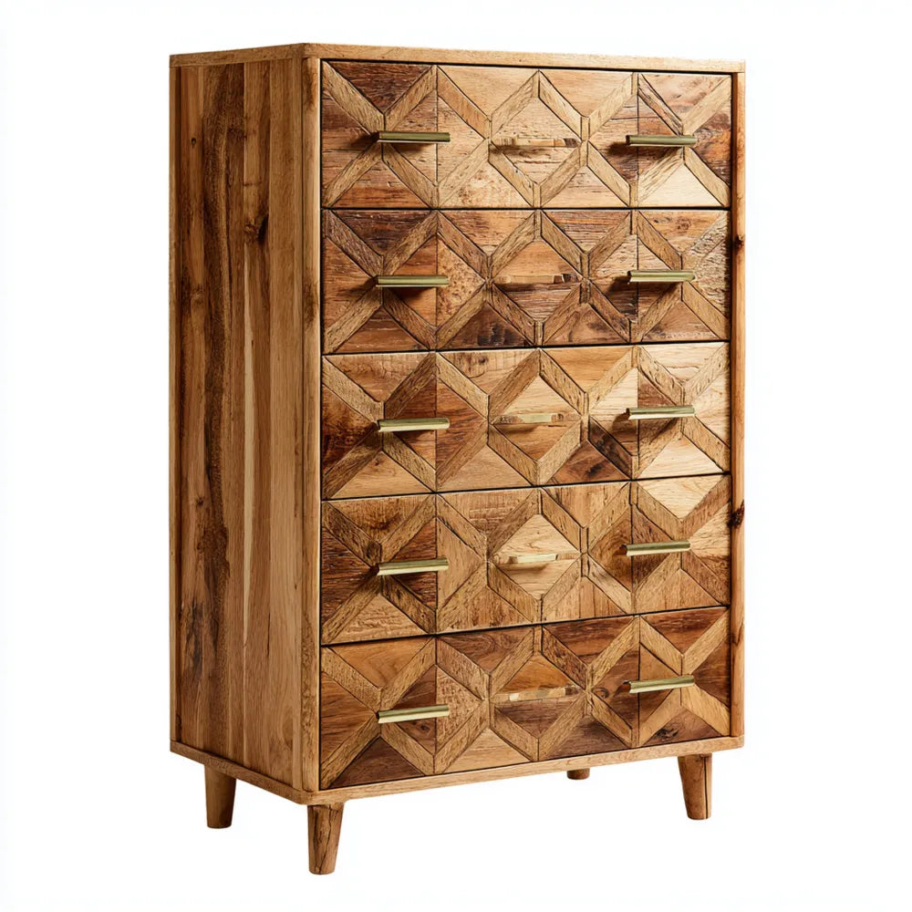 Wooden Chest of Drawers Geometric Pattern – 90x45x130 cm – Natural Finish