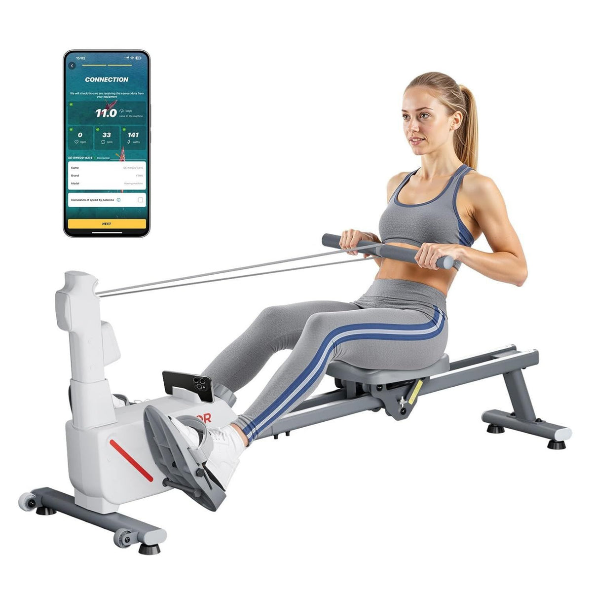 VEVOR Máquina de remo – resistencia magnética, resistencia ajustable, conexión Bluetooth, 1450 x 480 x 585 mm, 16 Niveles, blanco